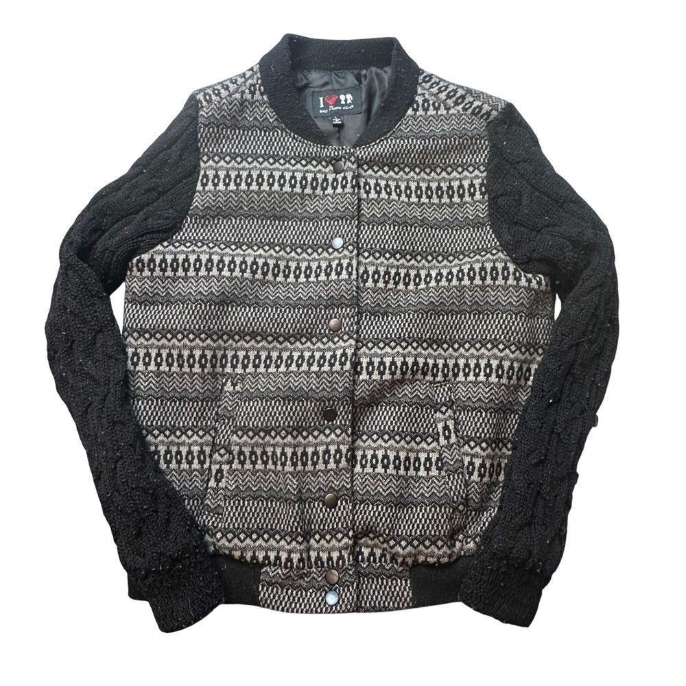 Boy Meets Girl Bomber Jacket Womens L Black Patterned Cable Knit Sleeve Wool